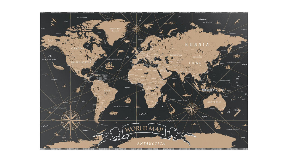 METALBOARD WELTKARTE VINTAGE 90x60cm + Zubehör-Set - Schwarz, Metall (90/60/1.8cm) - ALLboards