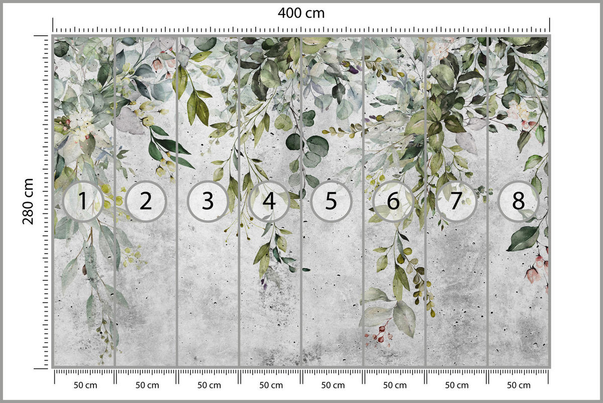 FOTOTAPETE Blätter auf Beton Abstraktion Vintage 400x280 - Grau/Grün, Papier (400/280cm) - Muralo