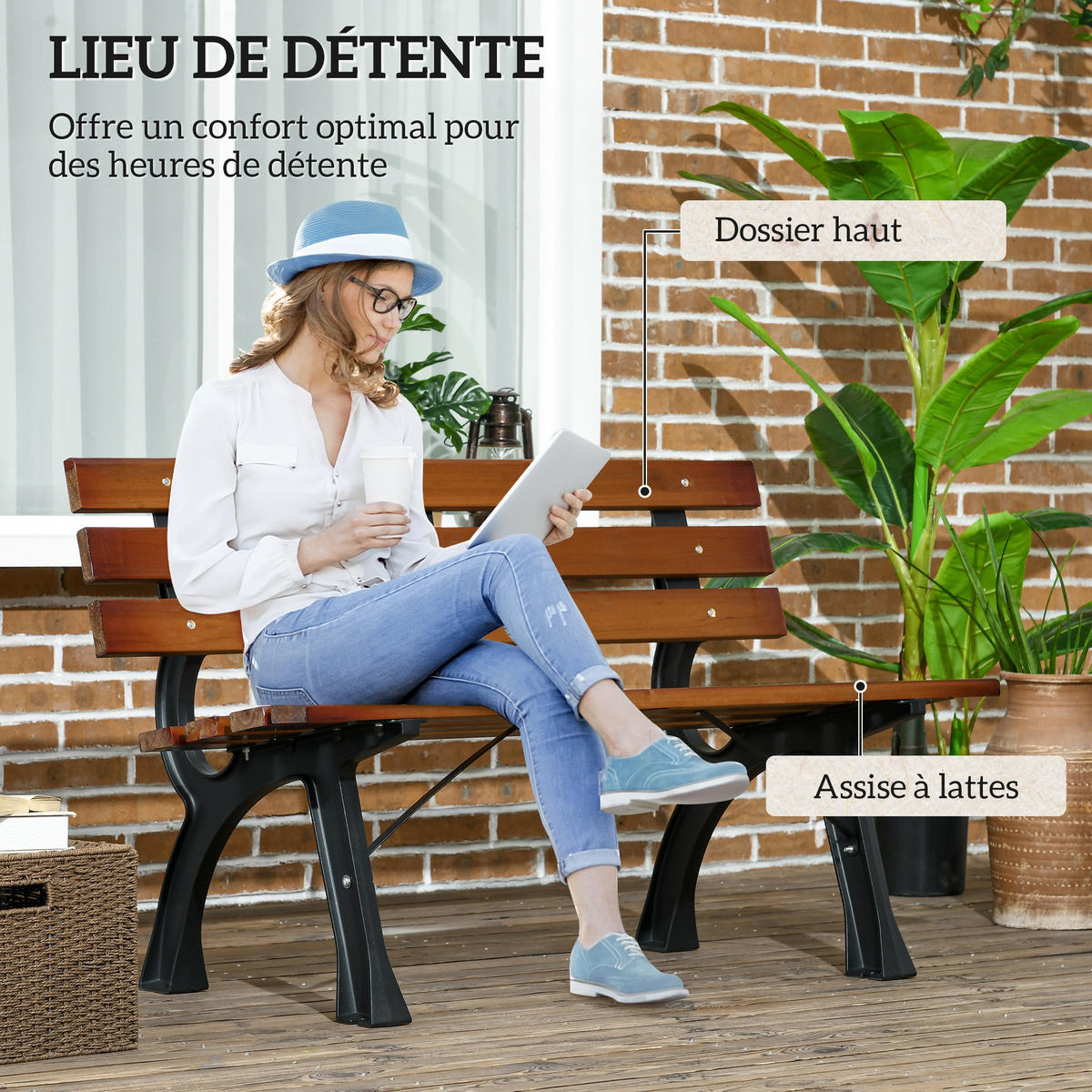 GARTENBANK DE-17766 2 Sitzer mit Holzlatten & Aluminium Schwarz/Holz - Braun, Holz (120/70/57cm) - ComfortXL