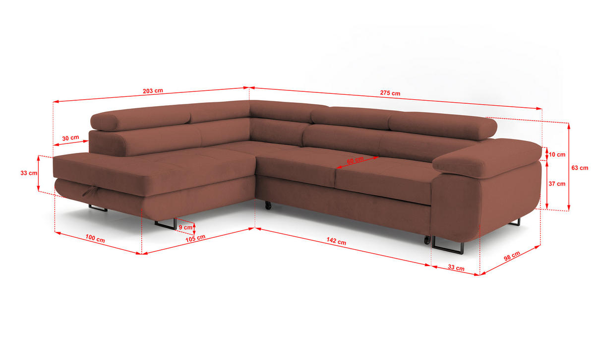 ECKSOFA Velmo mit Bettkasten und Schlaffunktion, verstellbaren Kopfstützen, in L-Form - Hellrosa, Textil (275/203cm)