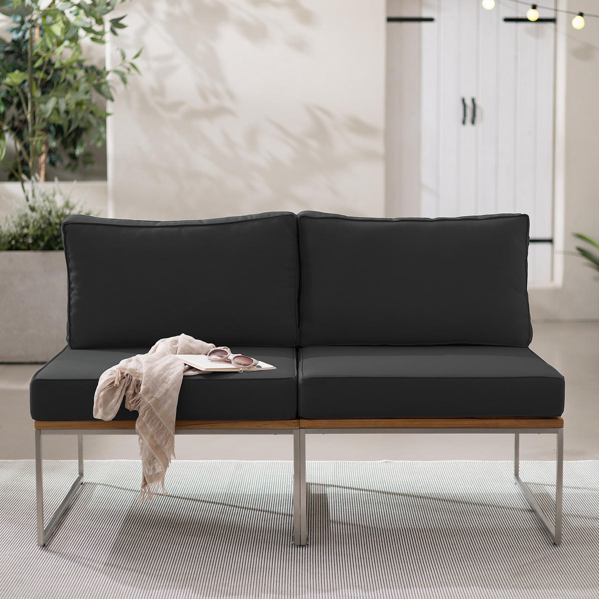 LOUNGESOFA - 2-teilig - Webstoff / Teak massiv - Anthrazit, Holz/Textil (140/74/70cm) - home24