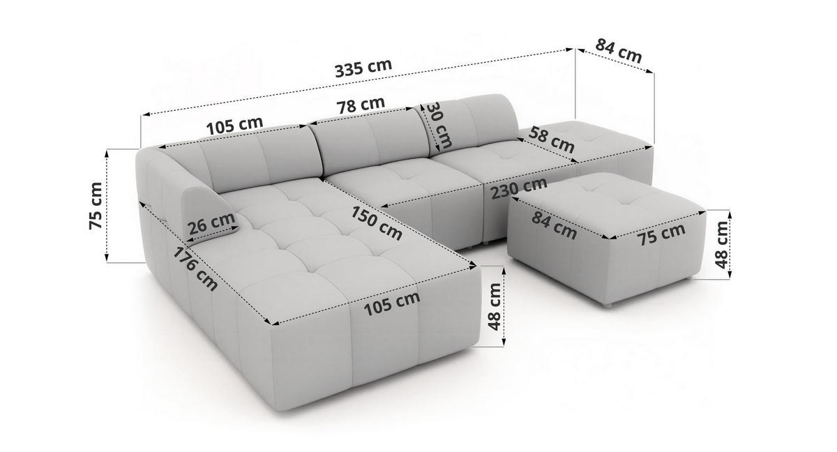 ECKSOFA GRIDA 4M L Dunkelgrau Velvet - Links - Dunkelgrau/Schwarz, Kunststoff/Textil (335/176cm) - MKS