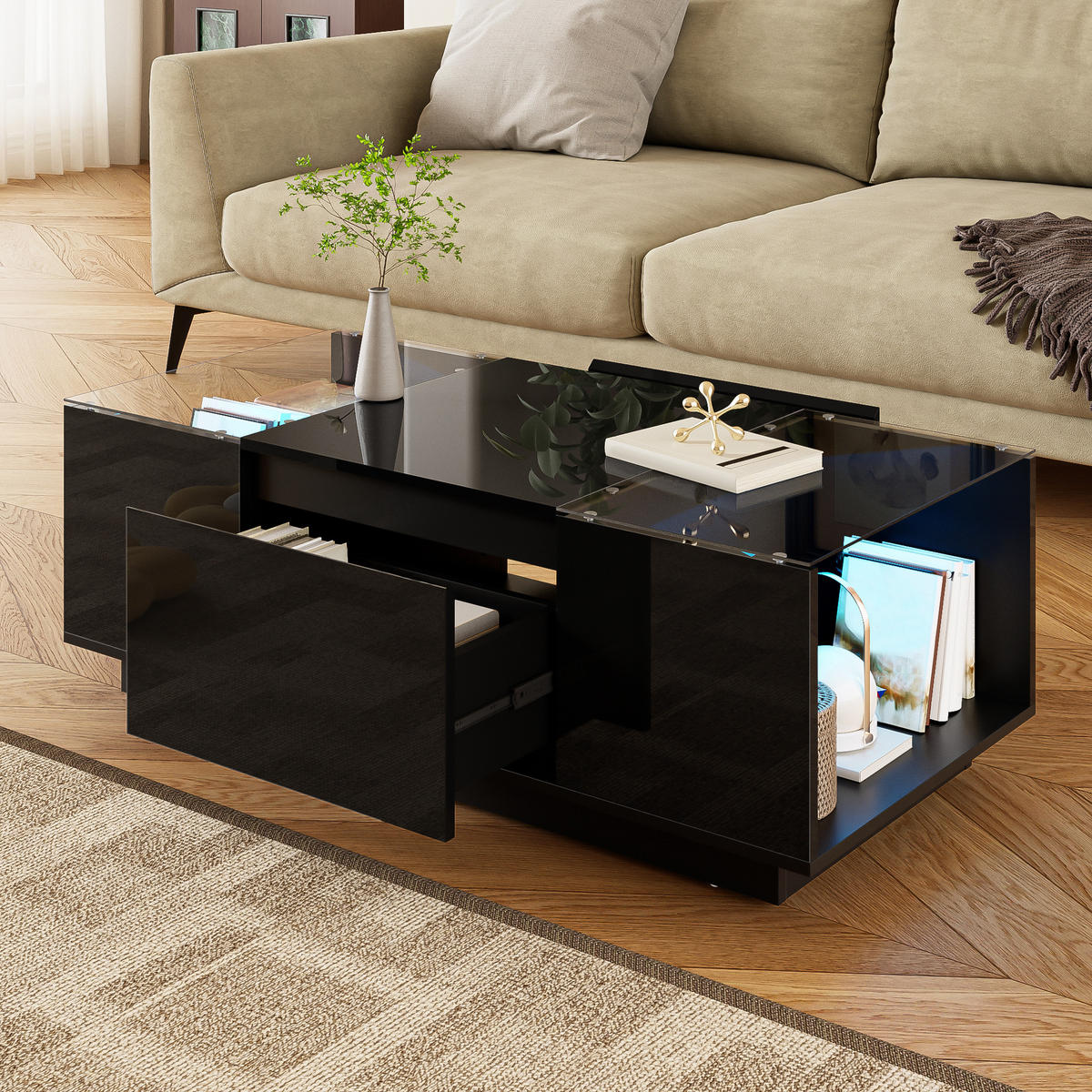 COUCHTISCH in Schwarz mit LED-Beleuchtung und Schubladen für Wohnzimmer, B105/T50/H35 cm - Schwarz, Glas/Holzwerkstoff (50/105/35cm) - STILVORA