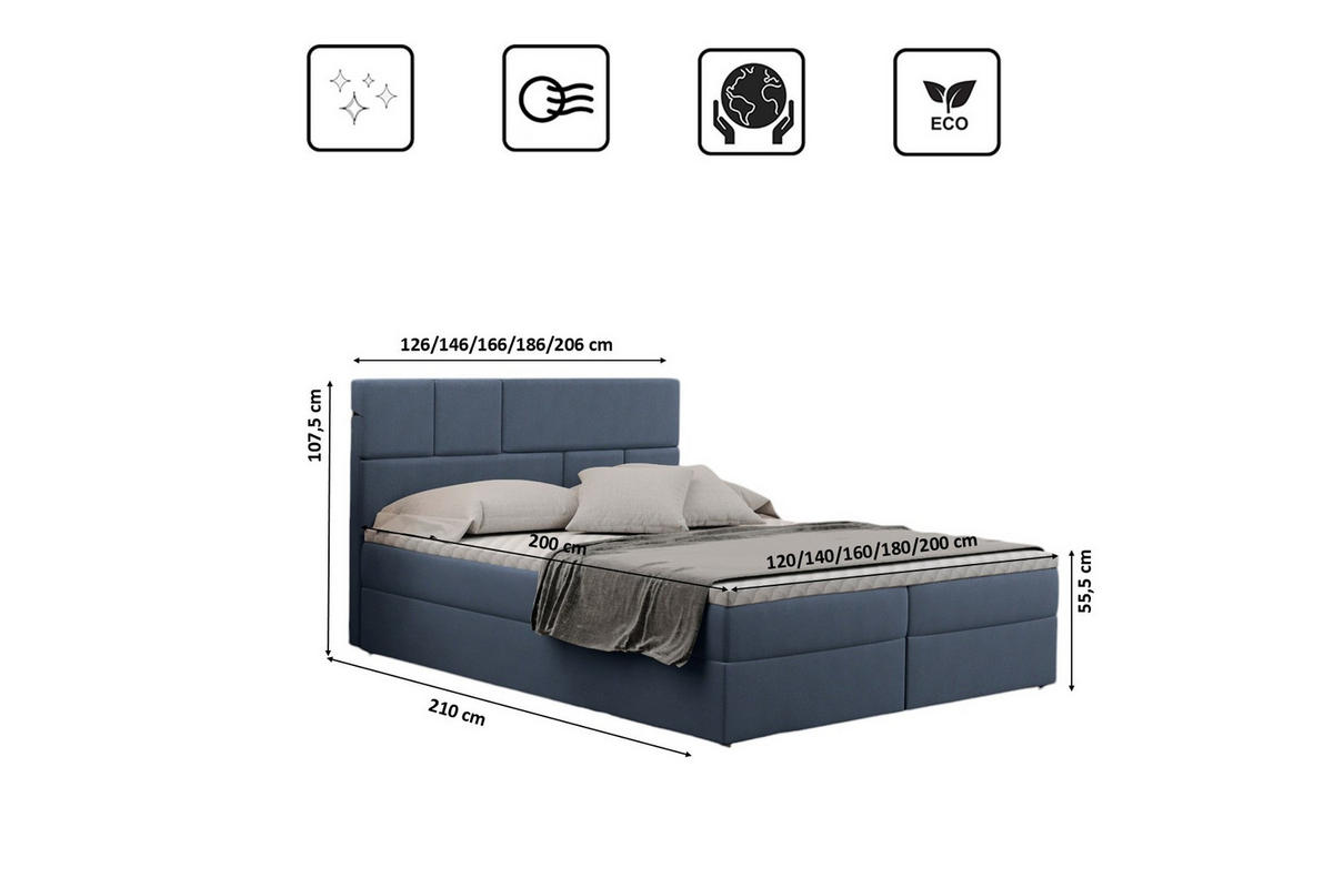 BOXBETT Mit Bettkasten Und Matratze BALI Stoff Mat Velvet Blau 160x200 cm H3-Bonell - Blau, Holz/Holzwerkstoff (160/200cm) - Kaiser Möbel