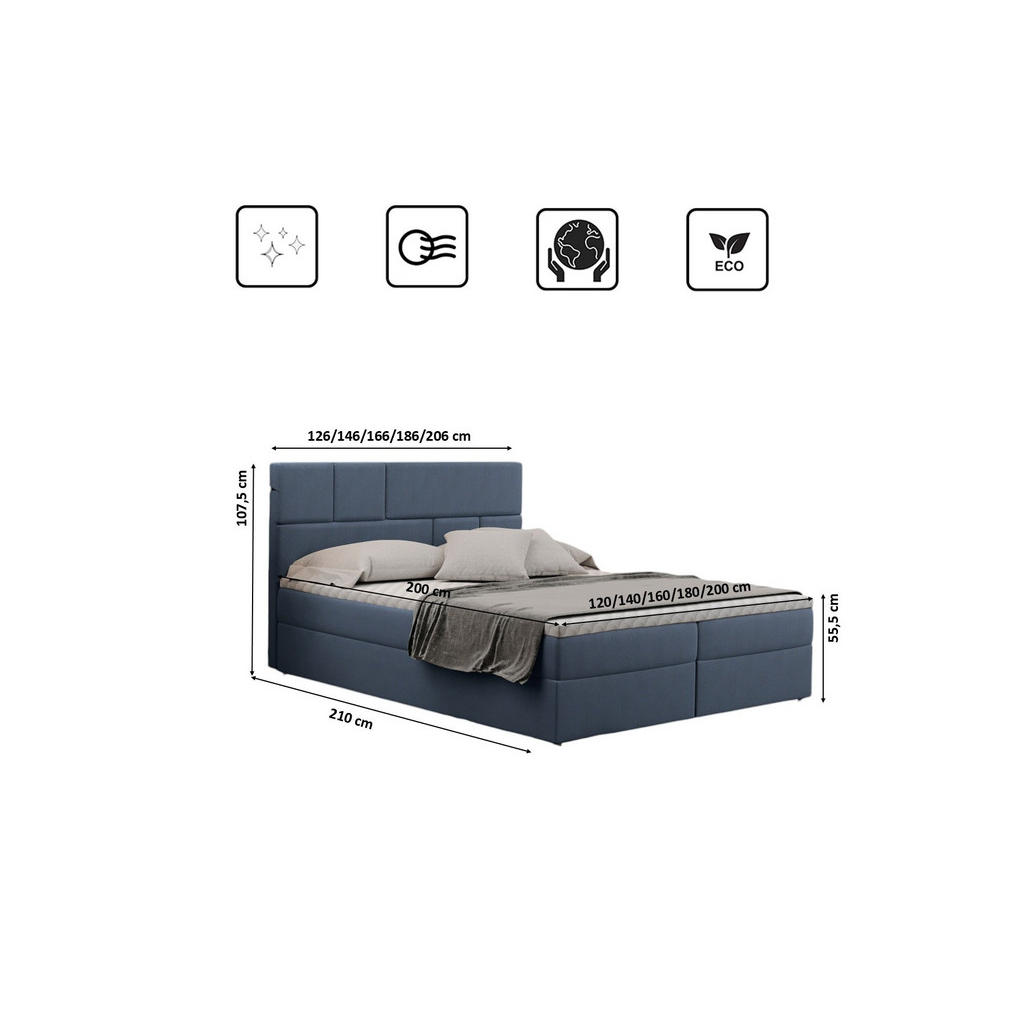 Thumbnail - Kaiser Möbel Boxbett, Blau, Textil, H2, Höhe ca. 20 cm, einzeln stellbar, 180x200 cm, Schlafzimmer, Betten, Boxspringbet...