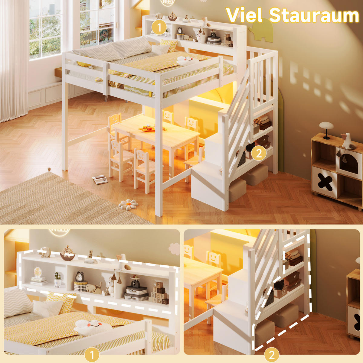 HOCHBETT 140/200 cm Weiß mit LED und Stauraumtreppe ohne Matratze - Weiß, Holz (140/200cm) - MIVRAY