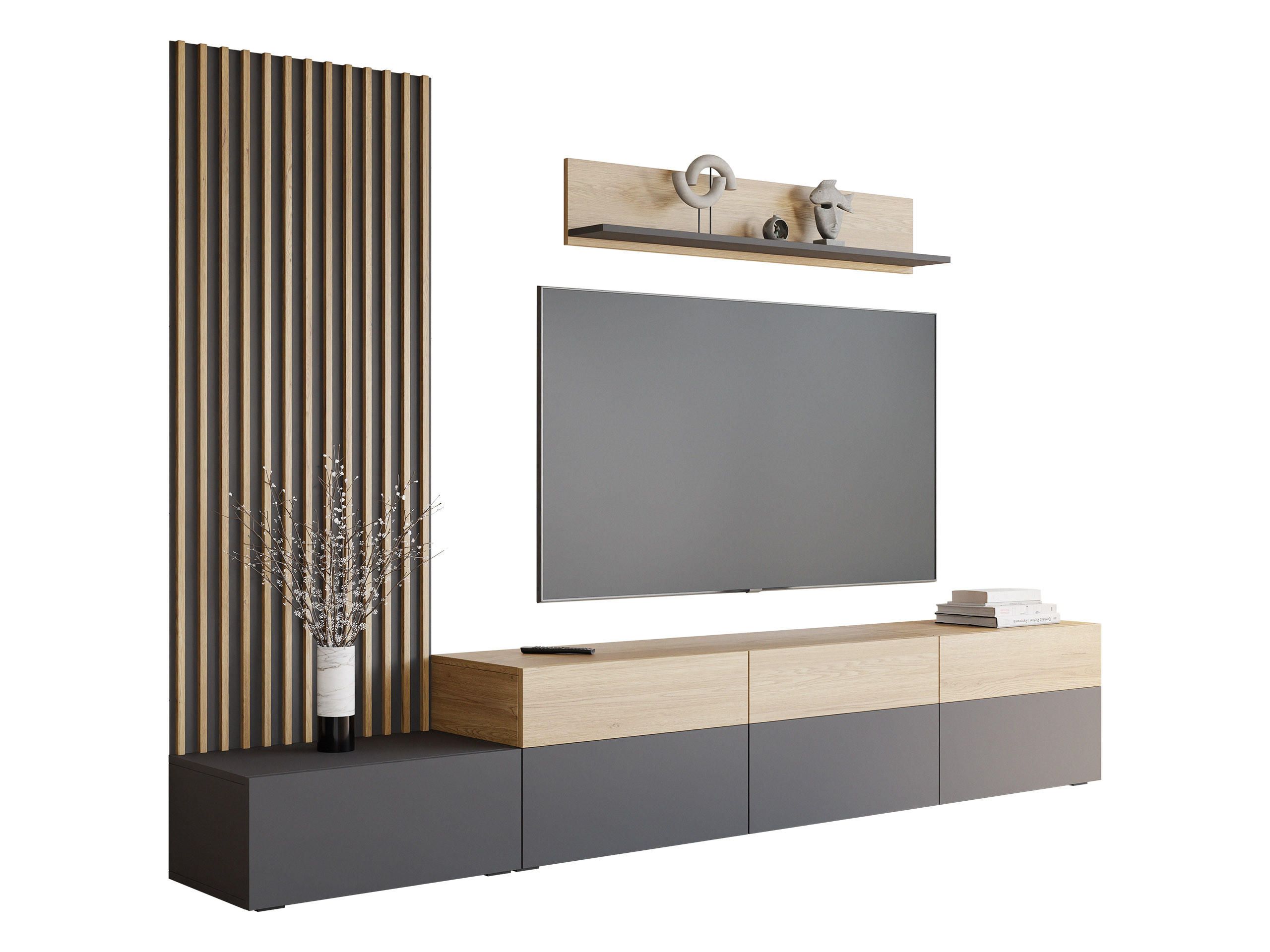 WOHNWAND Narezi II - Eichefarben/Schwarz, Holzwerkstoff/Kunststoff (300/209/40cm) - MIRJAN24