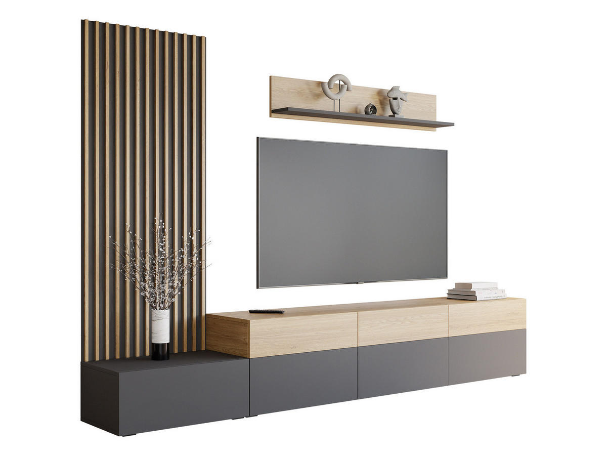 WOHNWAND Narezi II - Eichefarben/Schwarz, Holzwerkstoff/Kunststoff (300/209/40cm) - MIRJAN24