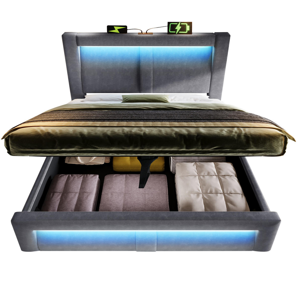 POLSTERBETT 160/200 cm Grau aus Samt mit Stauraum und LED - Grau, Textil (160/200cm) - OKWISH