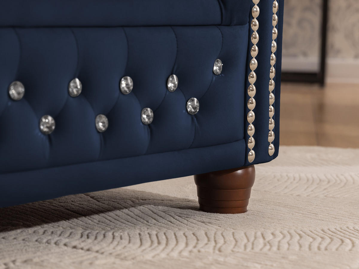 ECKSOFA Chesterfield Cleo Blink Marineblau Samt mit Kristallsteppung und braunen Massivholzfüßen - Ottomane Links - Blau/Braun, Holz/Textil (264/210cm) - S-Style Möbel