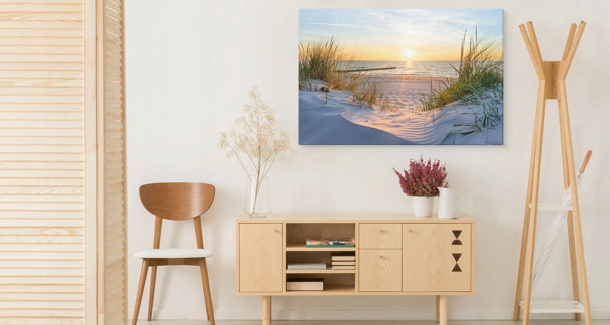LEINWANDBILD Sonnenaufgang Meer 70x50 Natur Strand Wanddekoration Wohnzimmer - Blau/Beige, Holz/Textil (70/50cm) - Muralo
