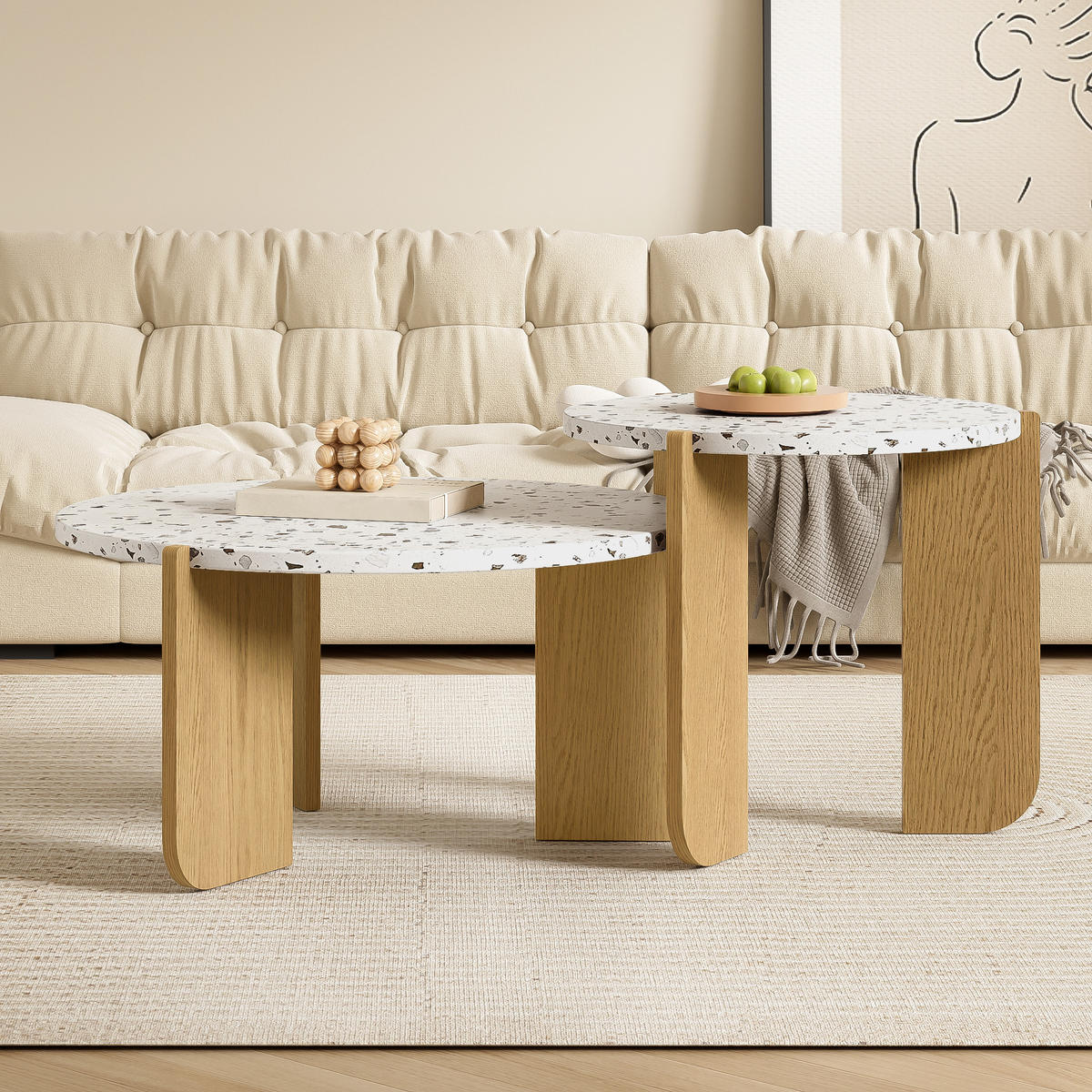 COUCHTISCH 2er-Set 70/70/35 cm und 50/50/45,5 cm modernes Design, Weiß+Naturfarben - Weiß, Holzwerkstoff (120/120/45.5cm) - Redom