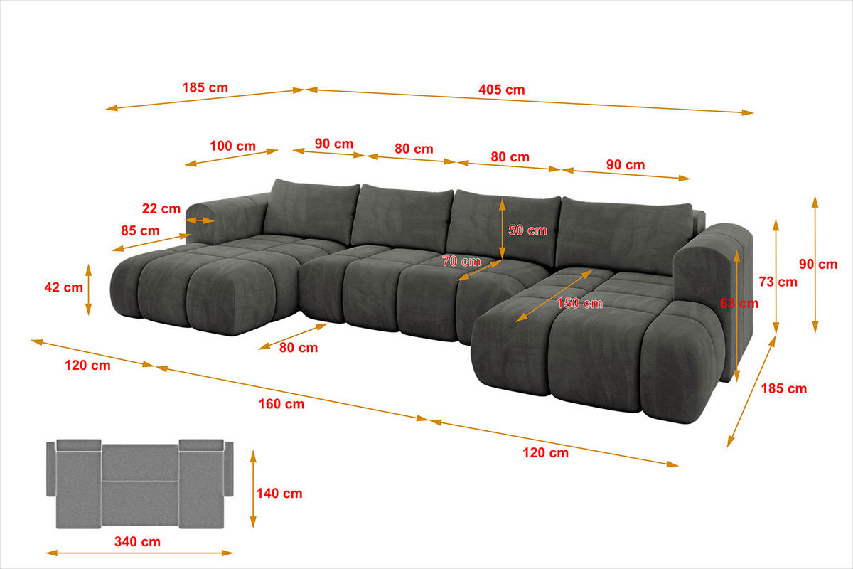 WOHNLANDSCHAFT CLOUD-U 405x185x90 Dunkelgrau Velours - Dunkelgrau, Holzwerkstoff/Kunststoff (405/90/185cm) - ALTDECOR