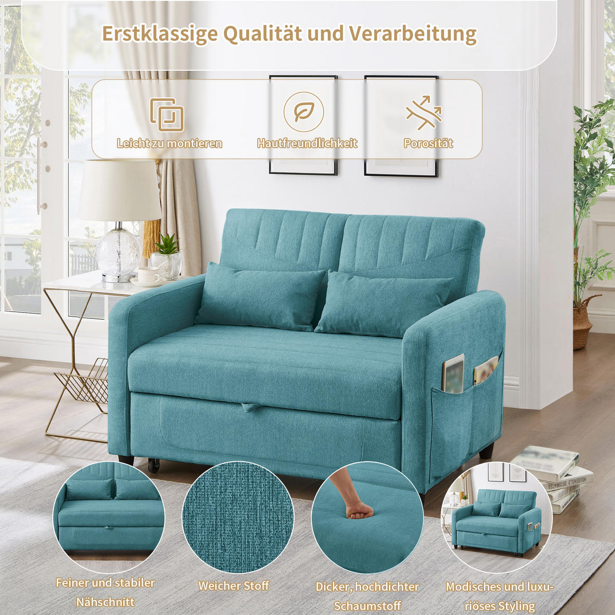 SCHLAFSOFA Baumwoll-Leinen mit Ausziehfunktion und verstellbarer Rückenlehne Antik Blaugrün 114/77/82,5 cm - Türkis, Textil (77/82.5/114cm) - Redom