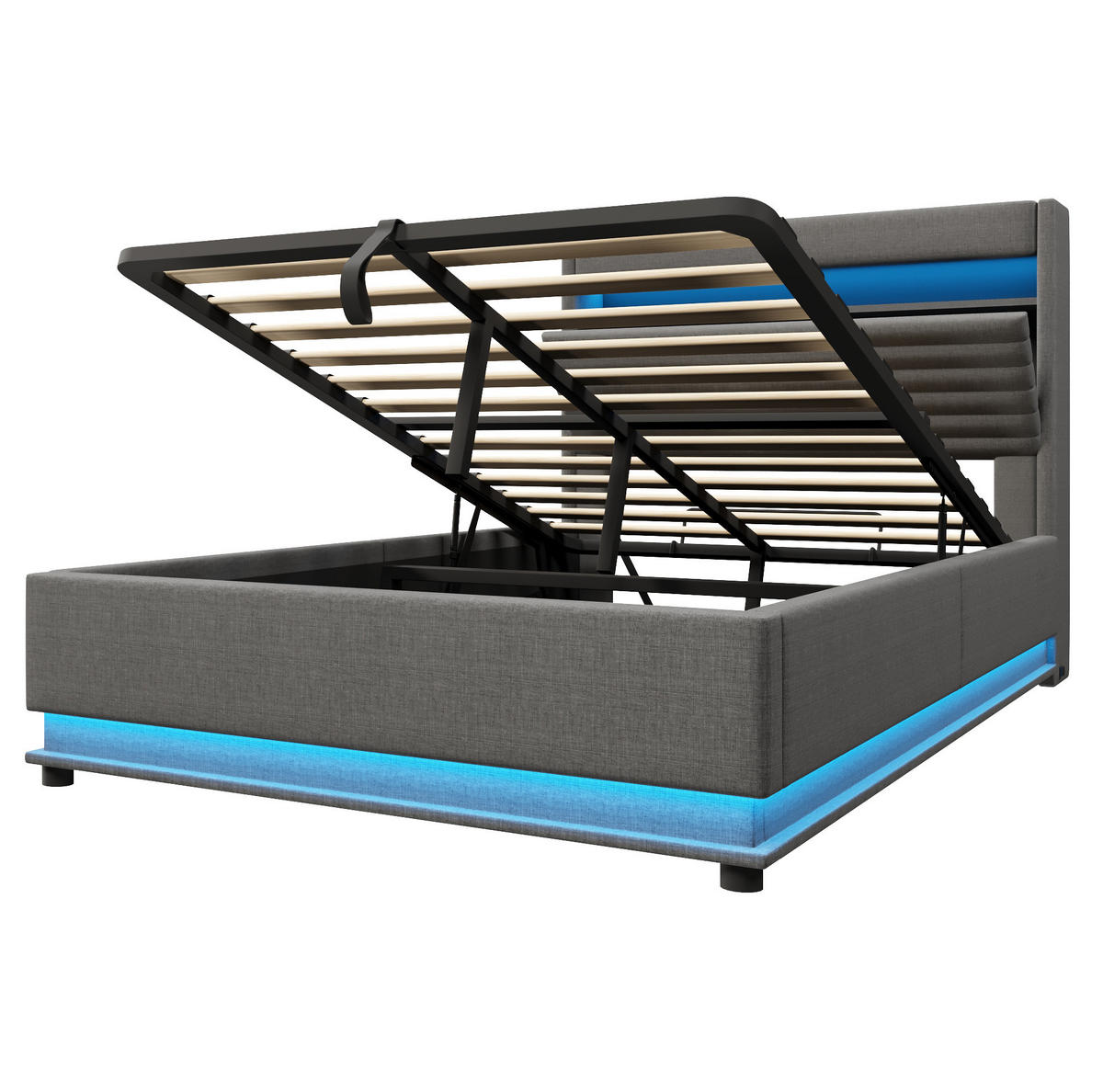 POLSTERBETT 140/200 cm Grau mit LED-Beleuchtung, USB- und Typ-C-Anschluss, hydraulischem Stauraum aus Leinen - Grau, Textil (140/200cm) - OKMYHOME