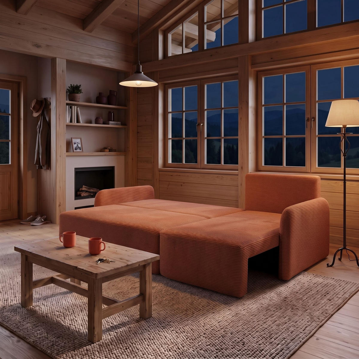 ECKSOFA CASPER L Rechts mit Schlaffunktion 132x198 Cord Braun - Schwarz/Braun, Holz/Kunststoff (145/217cm) - NACANAPA