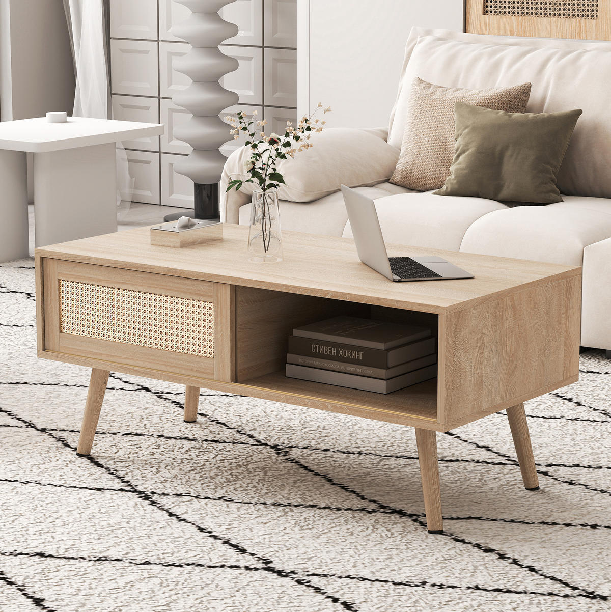 COUCHTISCH 105/55/40 cm in Natur aus MDF mit Rattan-Schiebetür - Braun, Holzwerkstoff (105/55/40cm) - OKMYHOME