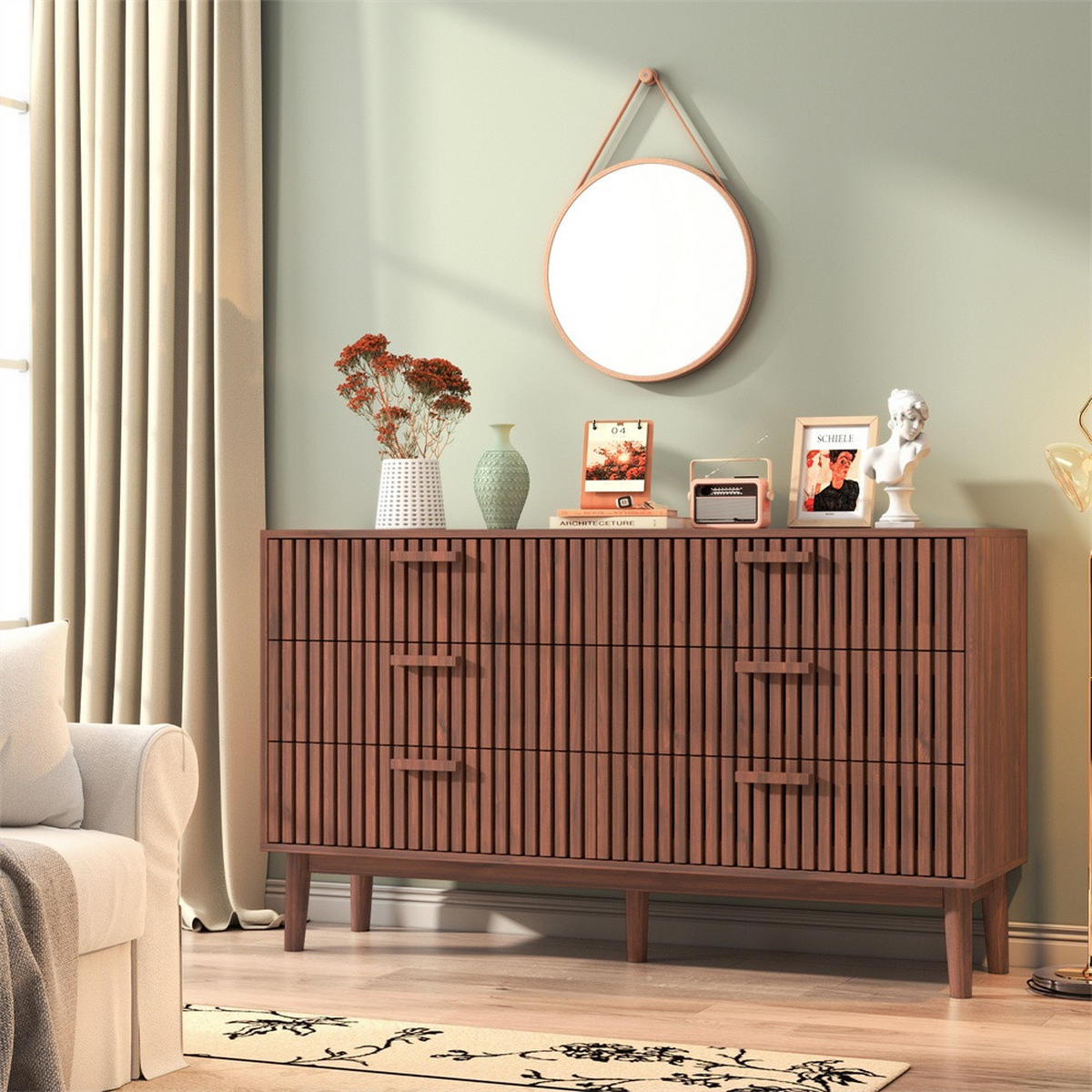 KOMMODE mit 6 Schubladen - gerillte Fronten und konische Beine - für Wohnzimmer und Schlafzimmer - Walnuss-Optik - Walnussfarben, Holzwerkstoff (100/73/34cm) - DELFA