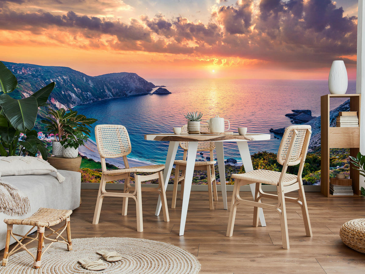 FOTOTAPETE Meer Blumen Sonnenuntergang Landschaft 3D 450x315 - Türkis/Blau, Papier (450/315cm) - Muralo