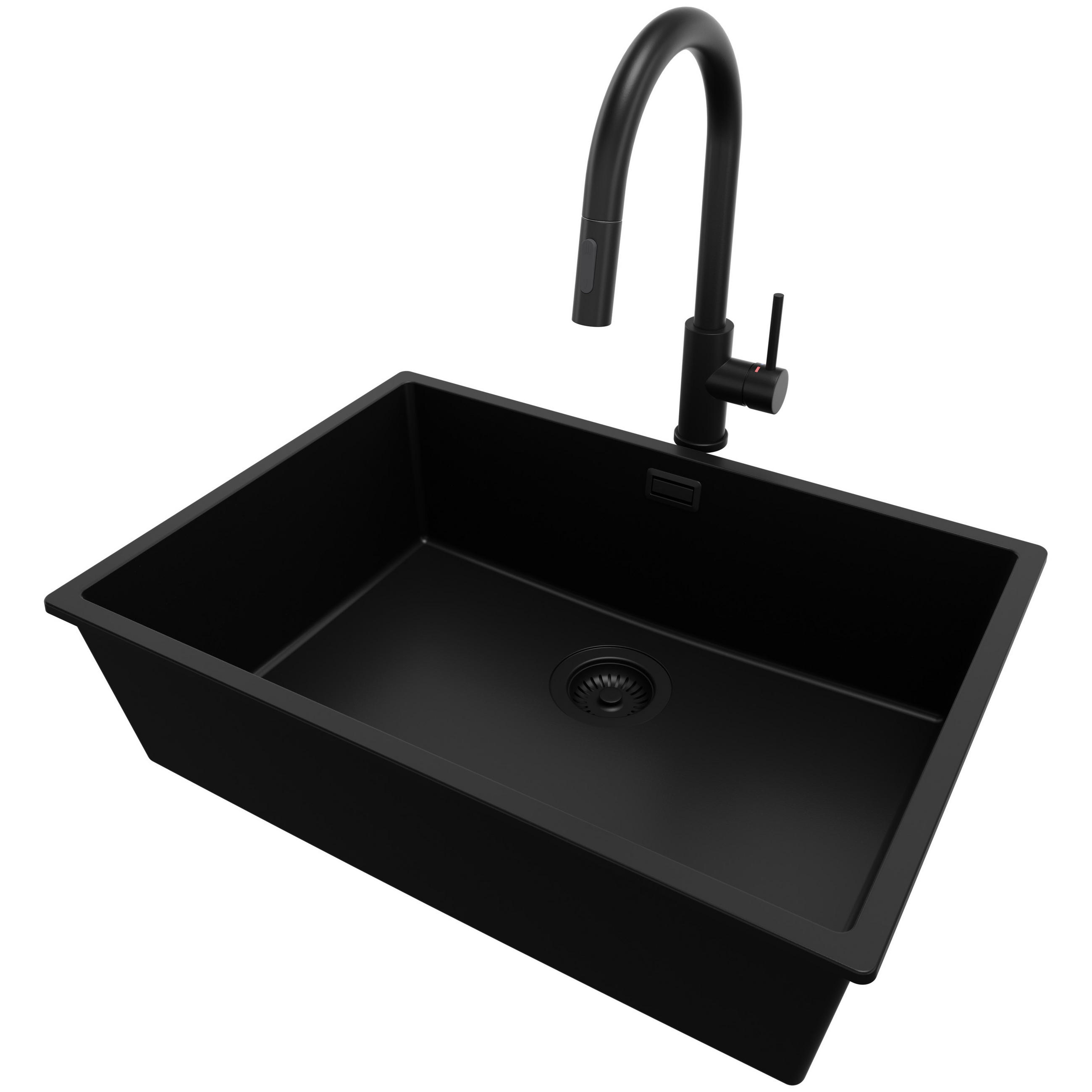 GRANITSPÜLE London Slim, 2-er set Alles Schwarz 66/47 cm 1 Becken + Küchenarmatur 40/20 cm + Ablauf-Set ab 70er Unterschrank - Schwarz, Kunststoff (66/20/47cm) - Primagran