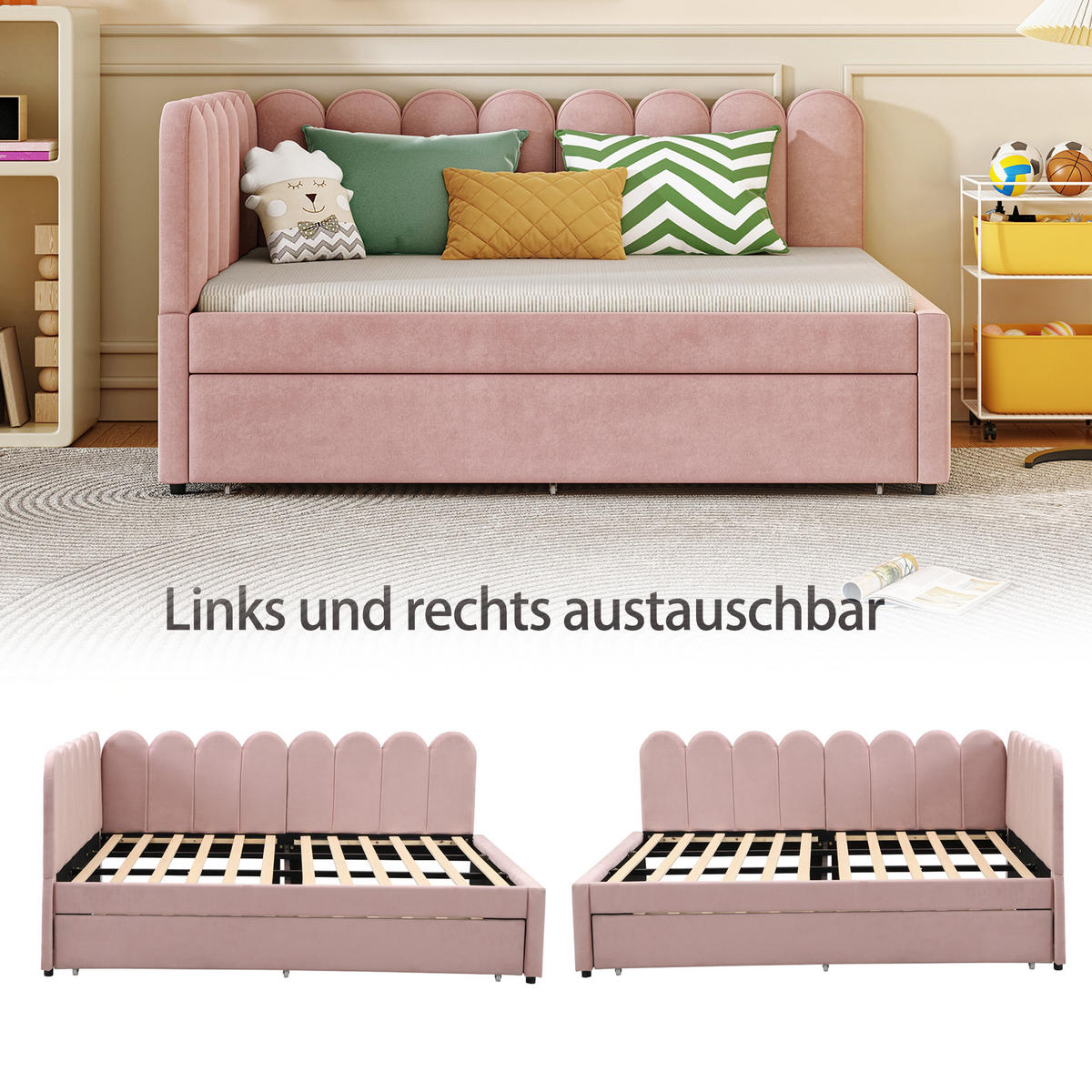 SCHLAFSOFA 140/200 cm in Rosa Samt mit Ausziehbett - Rosa, Holzwerkstoff/Textil (140/200cm) - WISHDOR