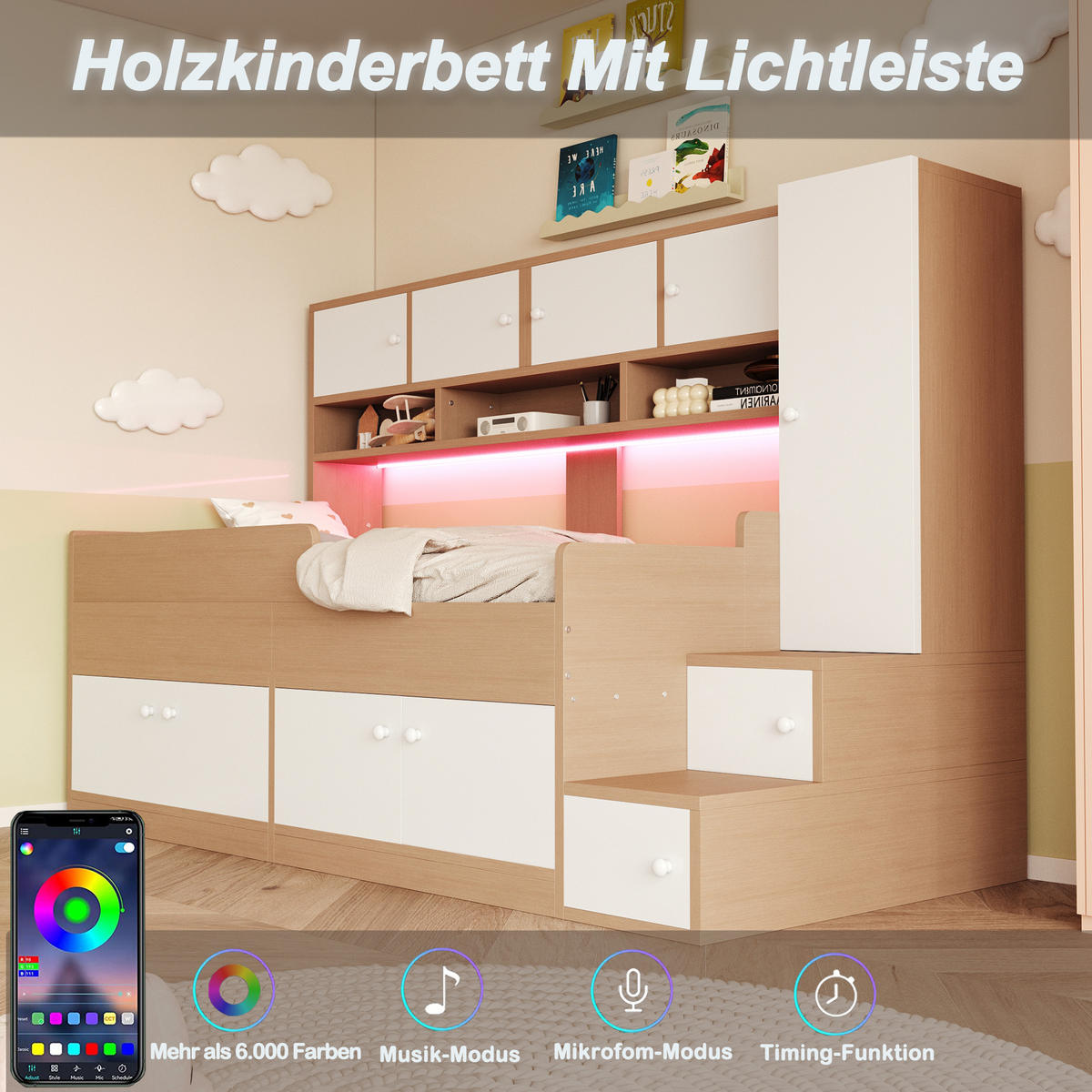 KINDERBETT 90/200 cm in Naturfarben mit Kleiderschrank, Regal und LED im Paneelstil - Weiß/Naturfarben, Holzwerkstoff (90/200cm) - STILVORA