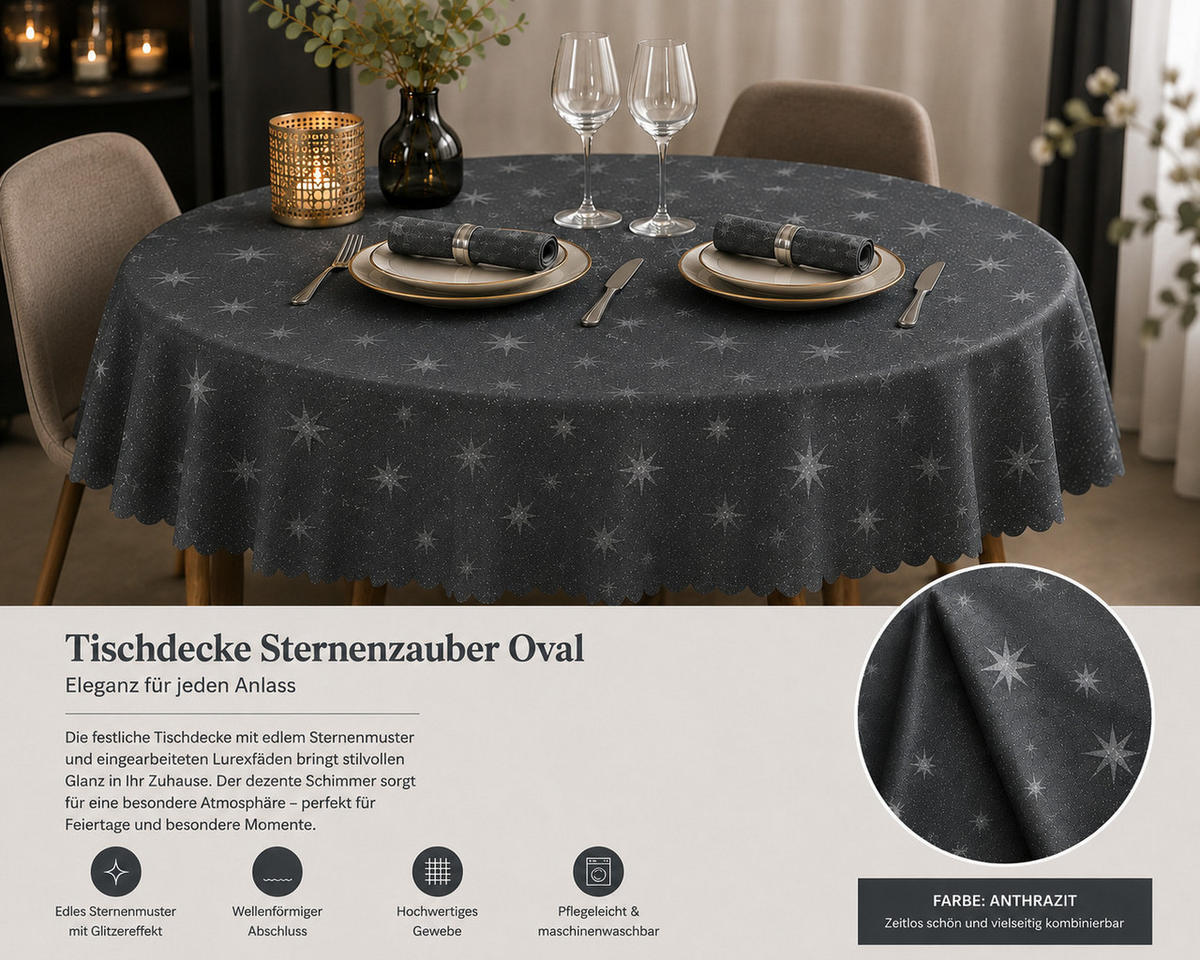 TISCHDECKE 160/220 cm oval Lurex Sterne Grau - Grau, Textil (160/220cm) - TiborTex