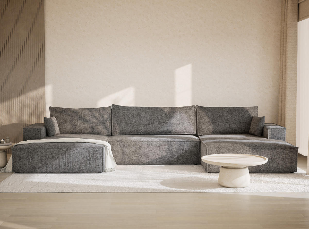 WOHNLANDSCHAFT Kyoto Grau Chenille-Stoff - Schwarz/Grau, Holz/Holzwerkstoff (398/70/148cm) - Maison de Reve