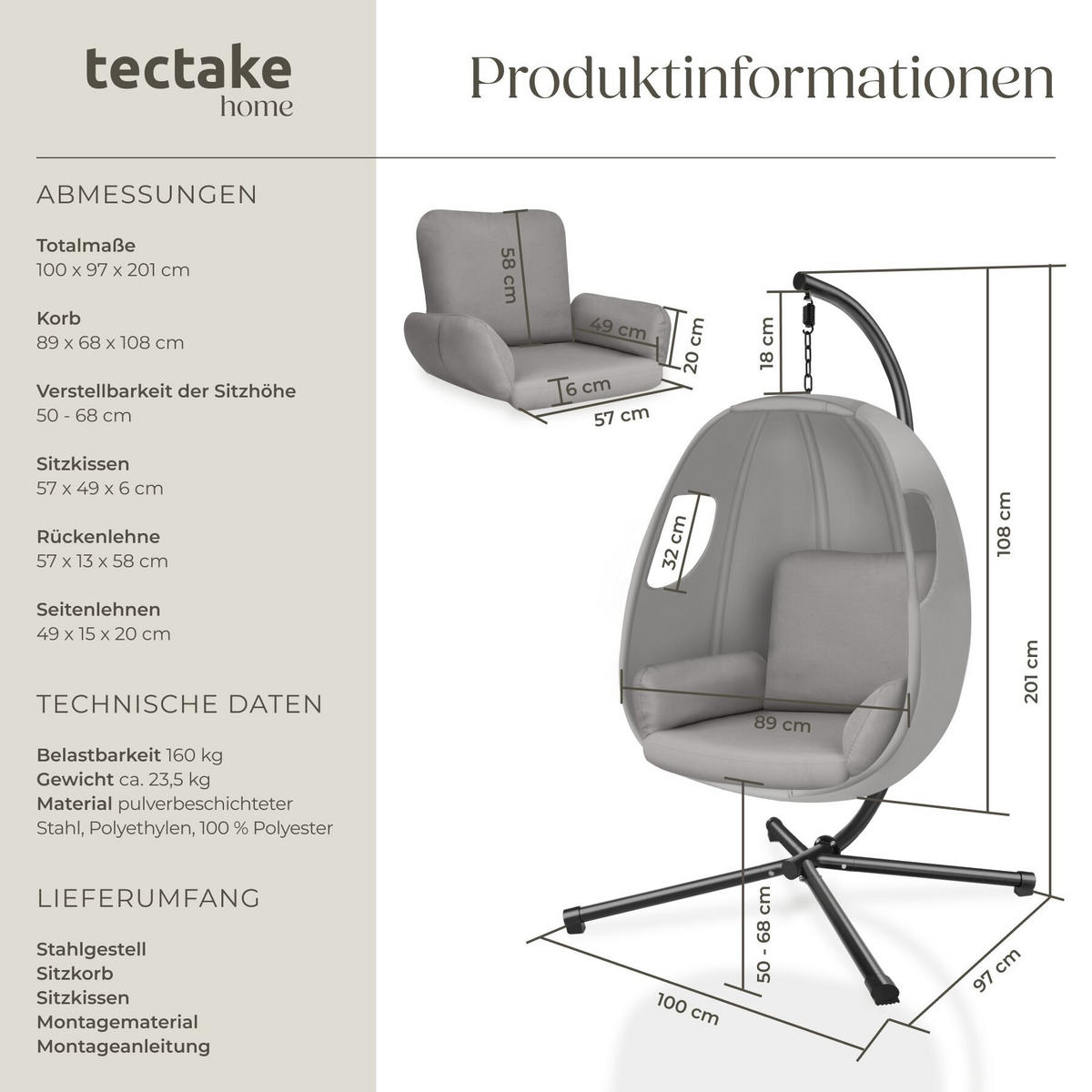 HÄNGESESSEL Anika, inklusive Schutzhülle, 100 x 97 x 201 cm, hellgrau - Hellgrau, Kunststoff/Textil (100/201/97cm) - tectake