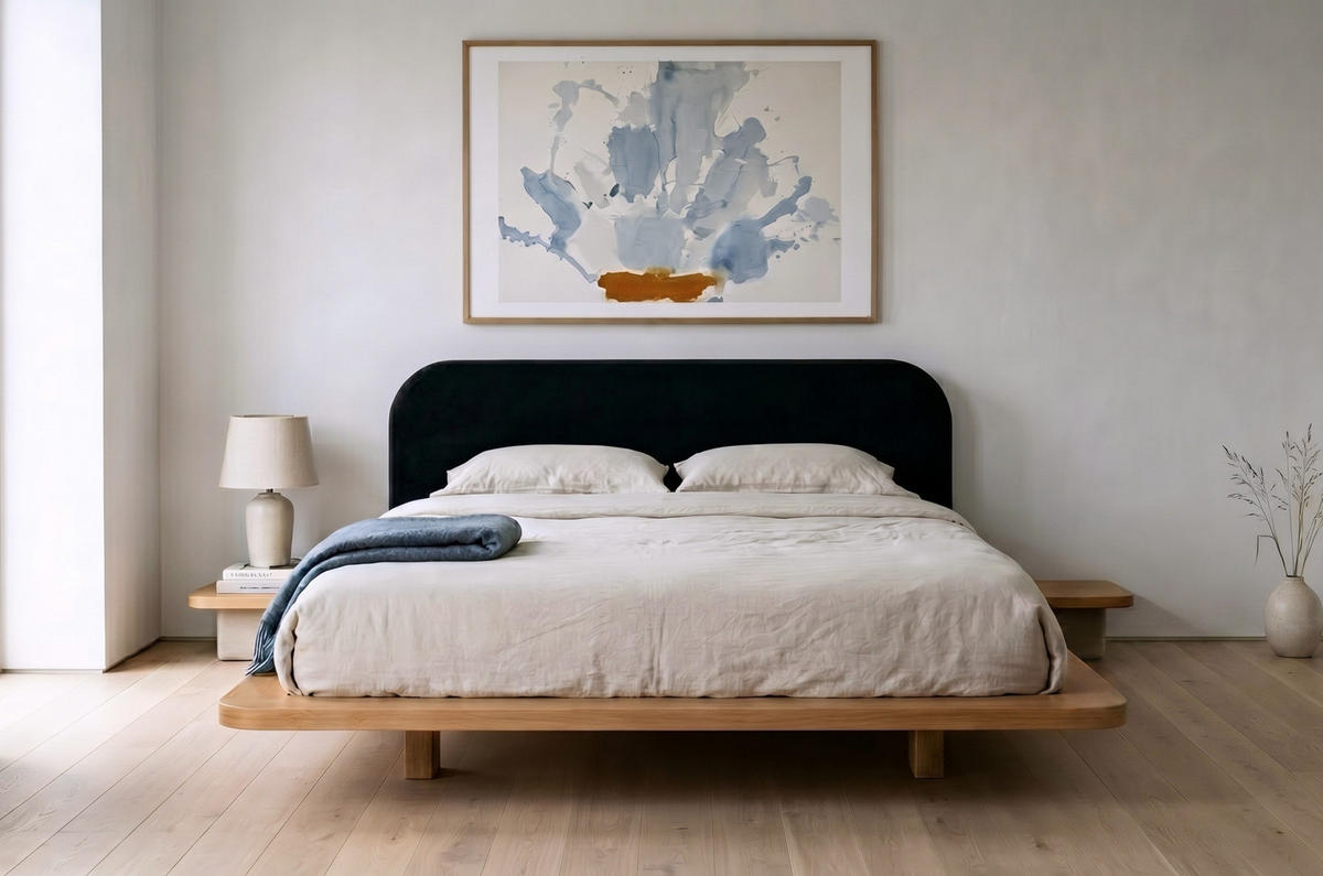 MASSIVHOLZBETT Eyko BORA, 180/200, Buche - lackiert, Samt-Kopfteil Schwarz - Buchefarben/Schwarz, Holz/Textil (180/200cm)