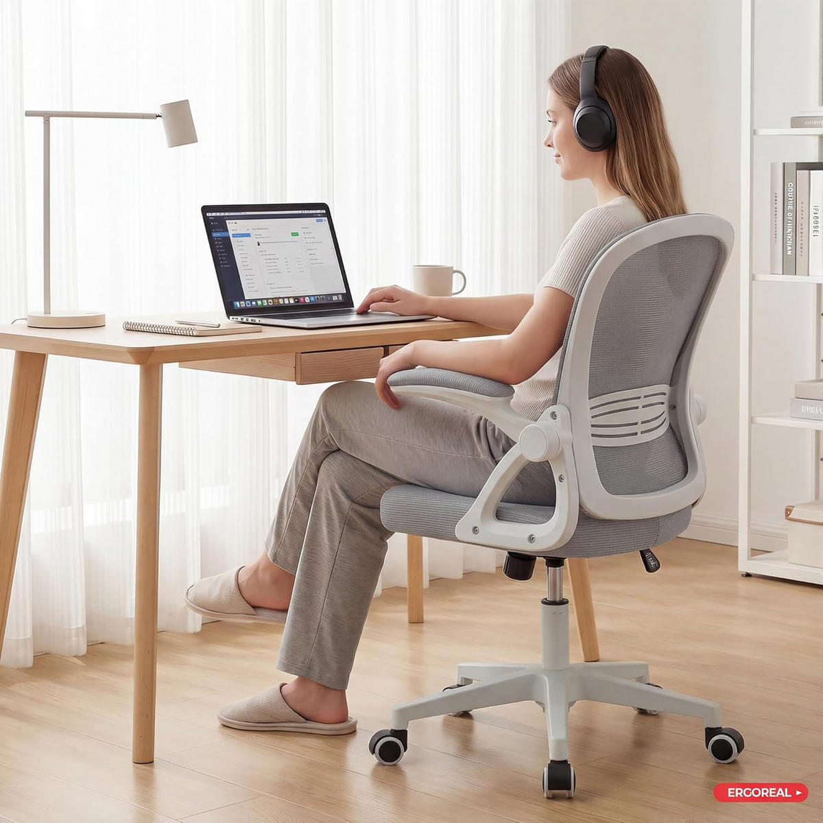 BÜROSTUHL Ergonomischer 90-110°neigbar, 90° Aufklappbare Armlehnen - Weiß, Metall (60/92/57cm)