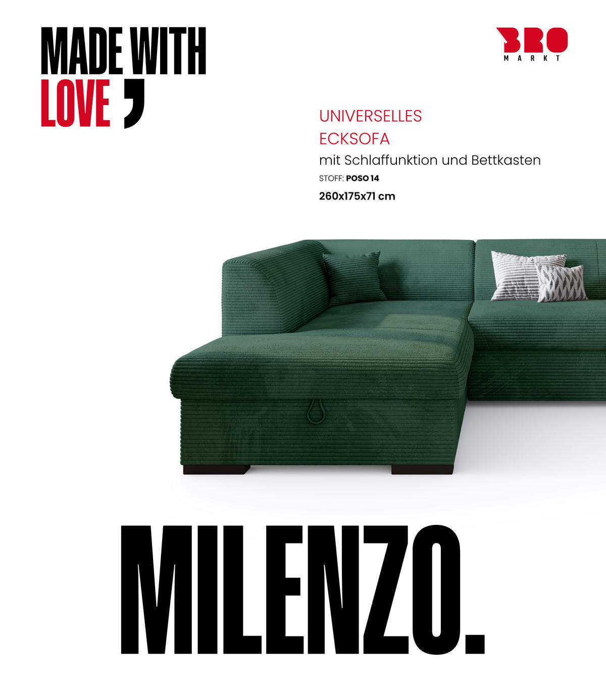 ECKSOFA mit Schlaffunktion Cordstoff MILENZO Dunkelgrün Rechts - Dunkelgrün, Holz (260/175cm) - Bromarkt