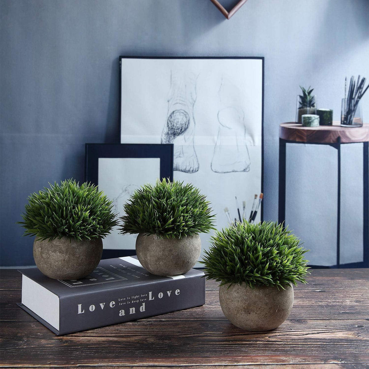KÜNSTLICHE Topfpflanze Gras Bonsai 6er-Set Beton-Optik - Grün, Kunststoff (12.5cm)
