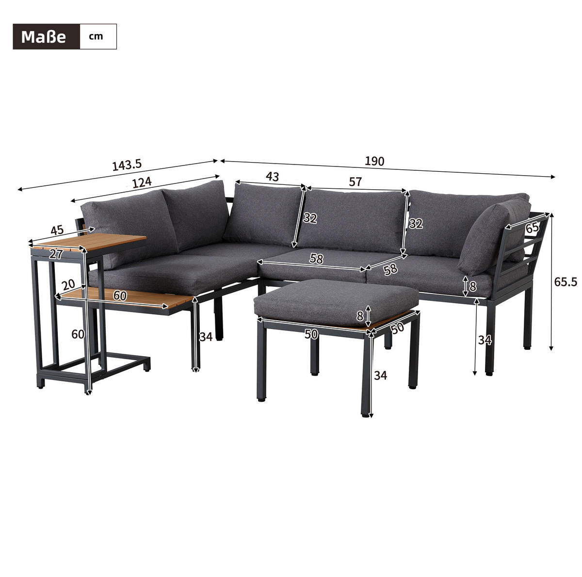 GARTENMÖBEL-SET mit Ecksofa, Beistelltisch und Couchtisch/Ottomane aus verzinktem Stahl und WPC, Grau/Schwarz - Grau, Metall - Redom