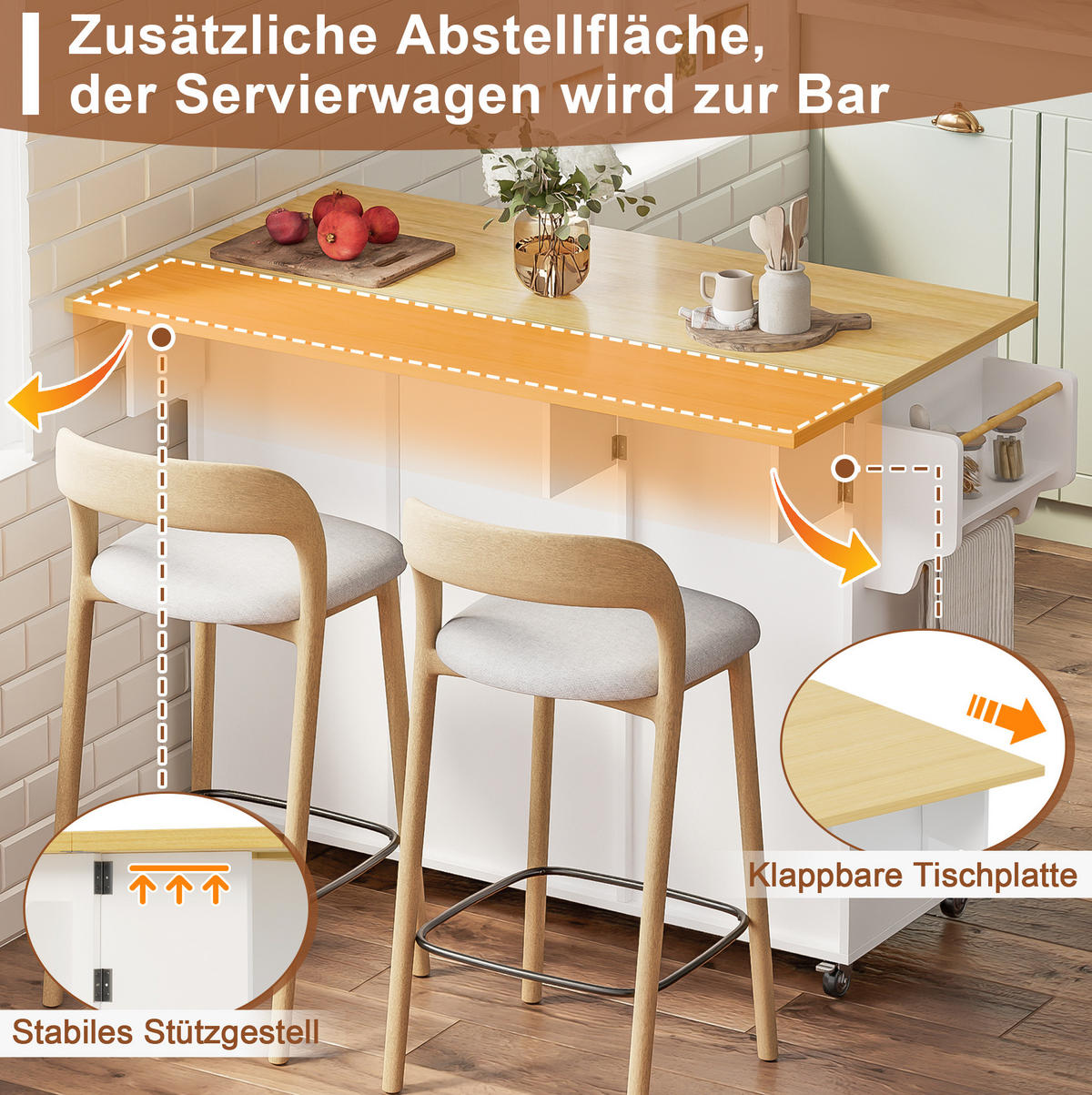 KÜCHENWAGEN mit Klappplatte, Schublade und Stauraum 120 x 70/45 x 92 cm Natural White - Naturfarben, Holz (70/92/120cm) - Beauniv