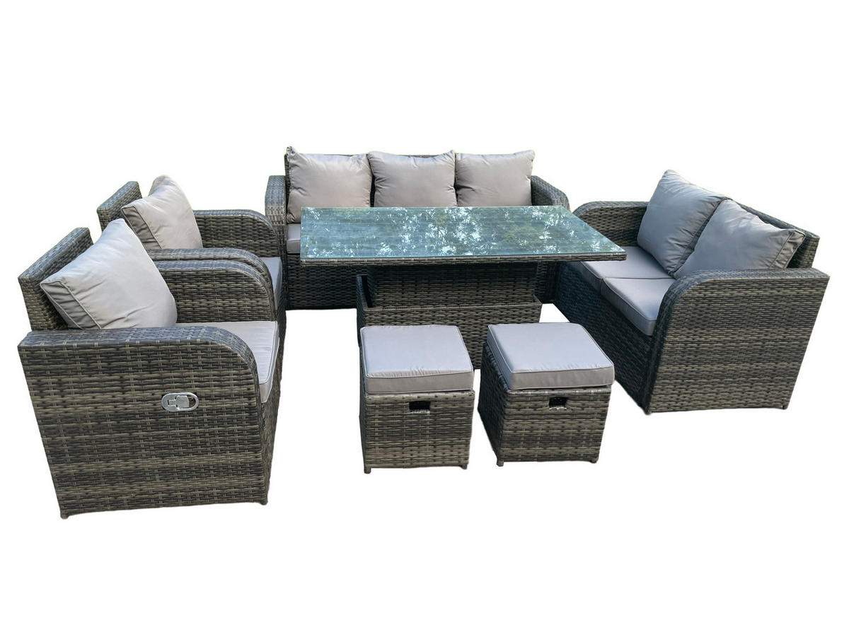 GARTENTISCHGRUPPE Polyrattan 9-Sitzer - Dunkelgrau/Grau, Glas/Kunststoff - Fimous