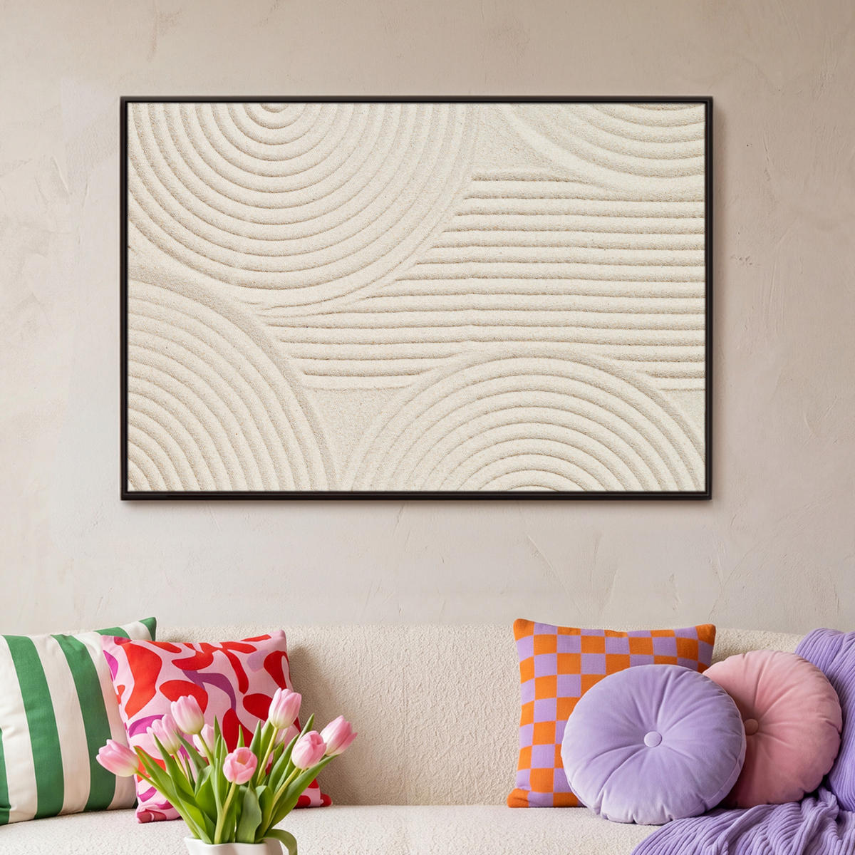 LEINWAND Bilder mit Rahmen - Muster - Abstrakt - Weiß - 90x60 - Beige, Textil (90/60cm) - MuchoWow