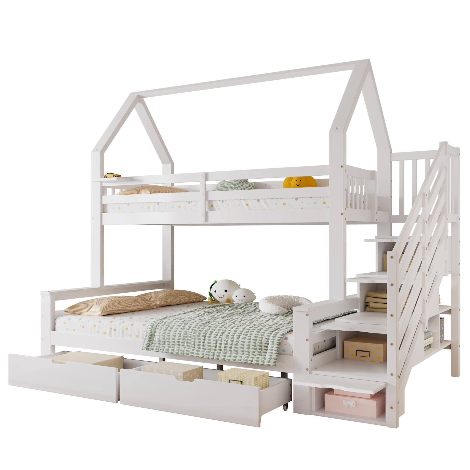 ETAGENBETT 90/200 cm und 140/200 cm Weiß mit Dachdesign und Stauraum - Weiß, Holzwerkstoff (90/200cm) - OKWISH