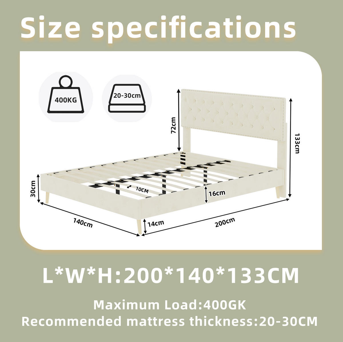 POLSTERBETT 140/200 cm mit Matratze, hohem Kopfteil und Stauraum unter dem Bett, Beige - Beige, Textil (140/200cm) - Redom