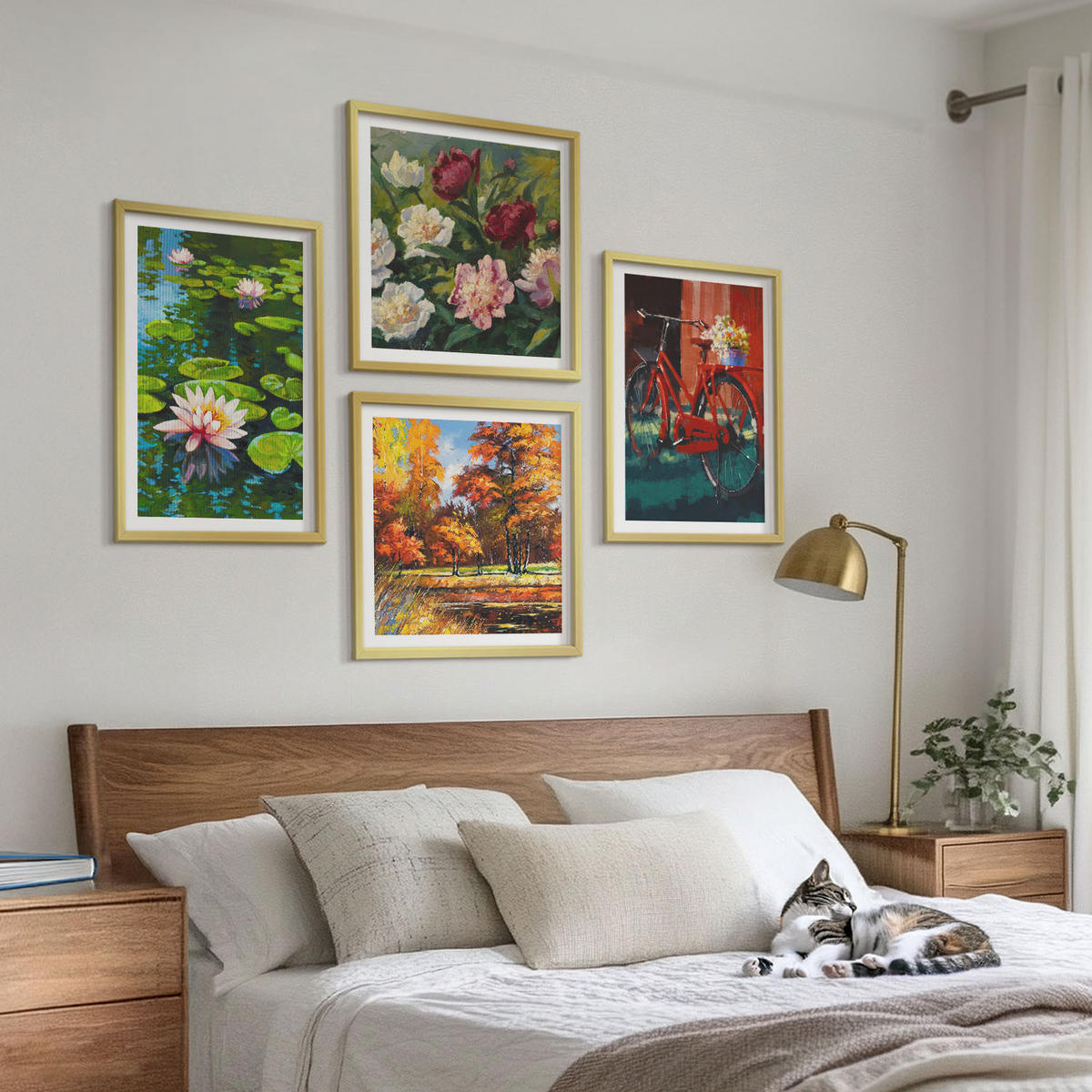 WANDBILDER 4er Set - 50x50 cm & 40x60 cm Goldrahmen - Herbstfarben Seerosenteich - Goldfarben, Kunststoff (50/50cm) - ArtPrintCave