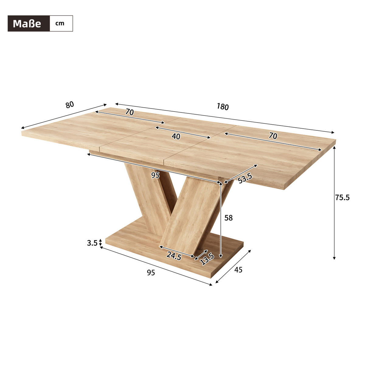 ESSTISCH aus MDF 140/180x80 cm Eichefarben ausziehbar mit V-förmigen Metallbeinen - Eichefarben, Holzwerkstoff (180/80/75.5cm) - Modfu