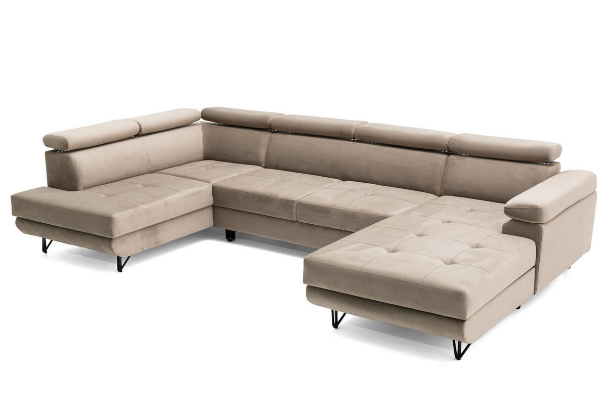 ECKSOFA U-Form JUNIOR U Links mit Schlaffunktion 128x254 Velours Beige - Beige/Schwarz, Holz/Textil (323/90/184cm) - Muffo