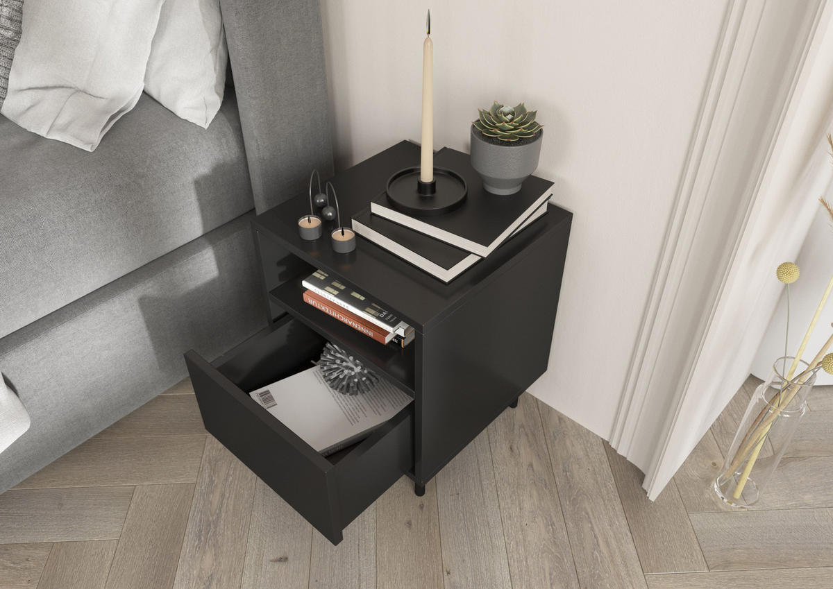 NACHTTISCH Mirka, Schwarz, Push to Open System, Minimalistisch - Schwarz, Holzwerkstoff/Metall (40/47/40cm) - Dancan