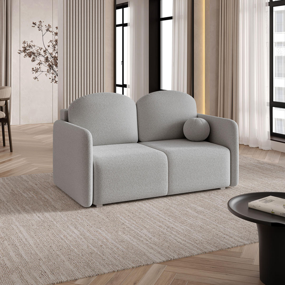 BETTSOFA SUVI II Q Hellgrau Bucle-Stoff mit Schlaffunktion - Hellgrau, Textil (90/85/153cm) - MASSENO