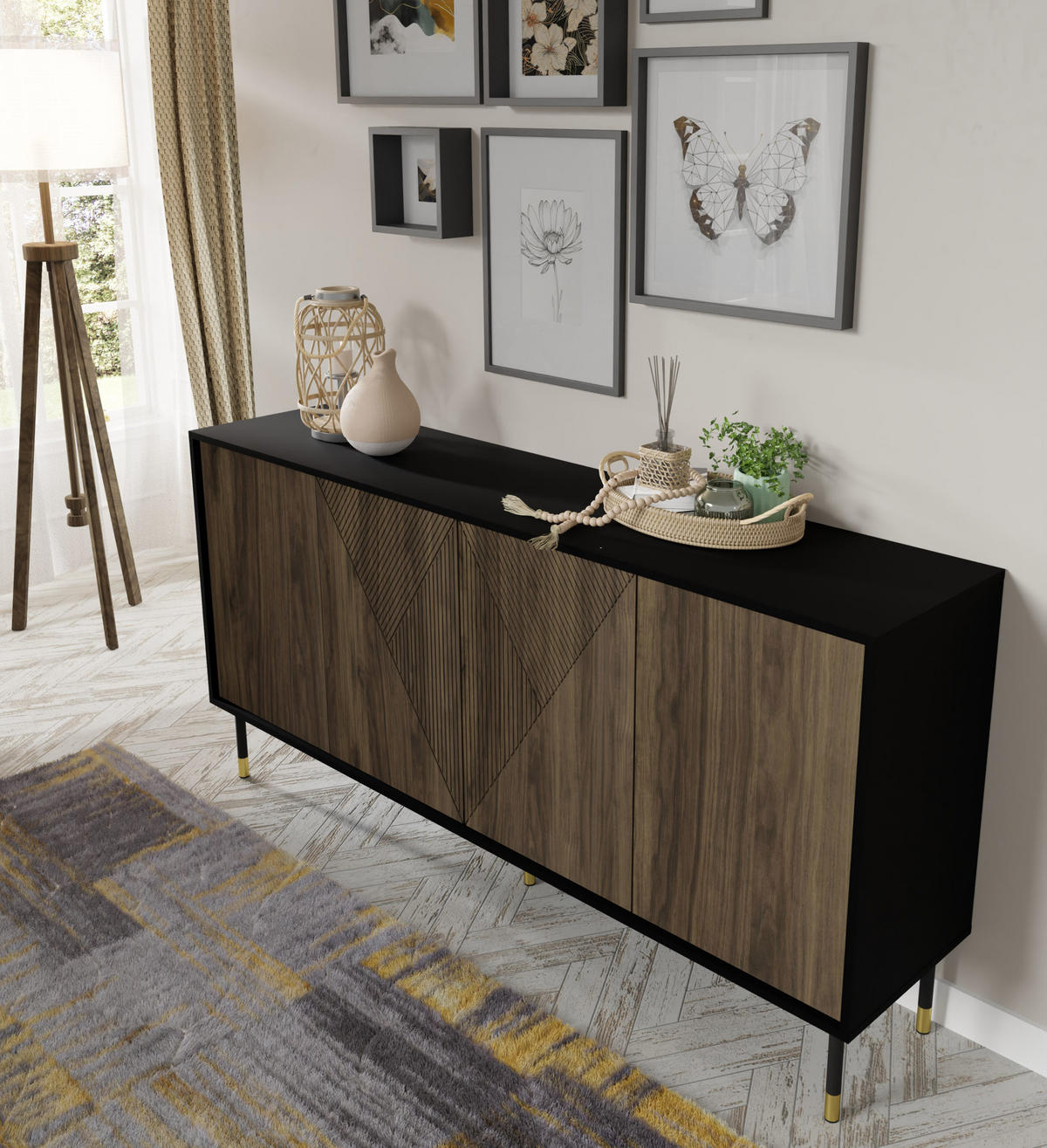 KOMMODE Schwarz, Walnuss, Gold 180/88/40 - Schwarz, Holzwerkstoff (180/88/40cm) - RAUMHIRSCH FURNITURE