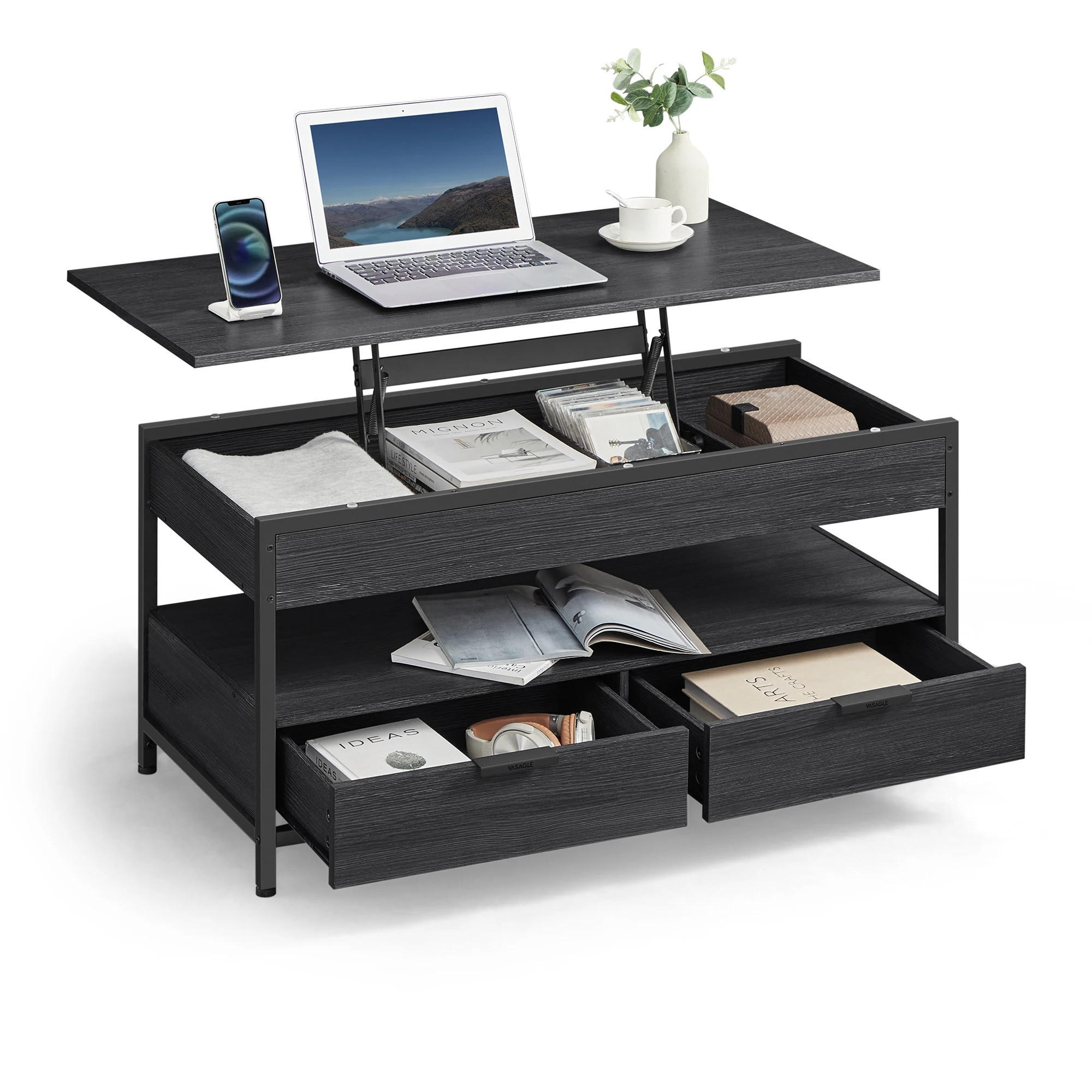 COUCHTISCH, höhenverstellbar, Schwarz, mit Schubladen und offenes Fach - Schwarz, Holzwerkstoff (50/100/63cm) - Kaket