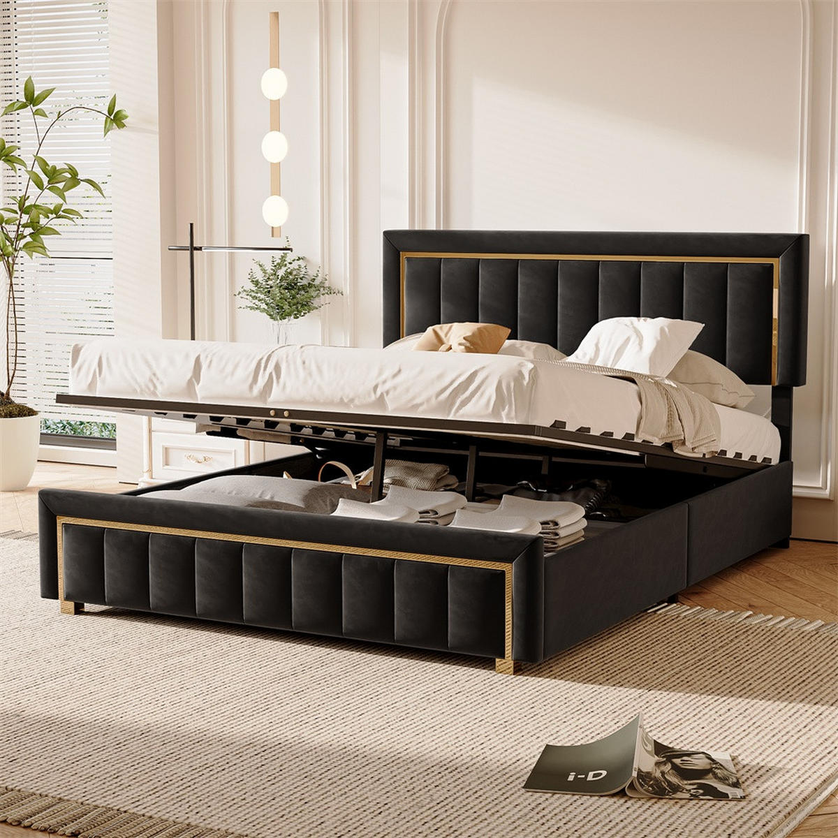 POLSTERBETT 160x200 cm mit vertikal gestepptem Kopfteil und hydraulischem Bettkasten - ohne Matratze - Schwarz - Schwarz, Textil (160/200cm) - DELFA