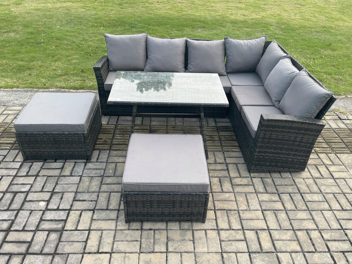 SITZGRUPPE mit Ecksofa Polyrattan Dunkelgrau 8-Sitzer - Dunkelgrau/Grau, Glas/Kunststoff - Fimous