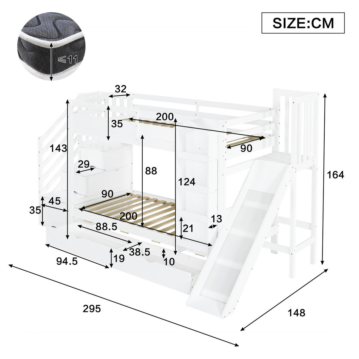 PALANDA 90/200 cm s knihovnou, 2 zásuvkami, skluzavkou a schodištěm, masivní dřevo/MDF, Bílá - bílá, dřevo (90/200cm) - Redom