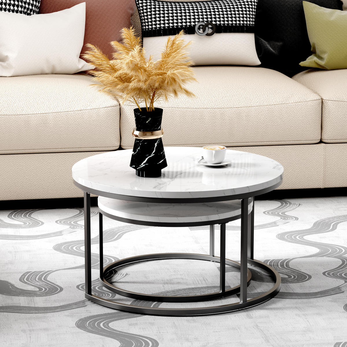 COUCHTISCH-SET mit Marmoreffekt und Metallrahmen Basis, Stapelbarer Beistelltisch Set 80/80/45 cm + 60/60/33,5 cm, Weiß und Schwarz - Weiß, Holzwerkstoff (80/80/45cm) - Redom